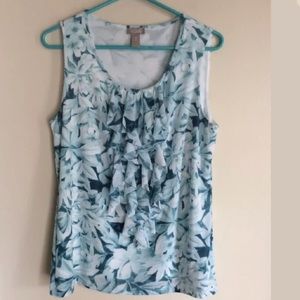 Chico’s Floral Sleeveless Ruffle  Blouse Teal/wht